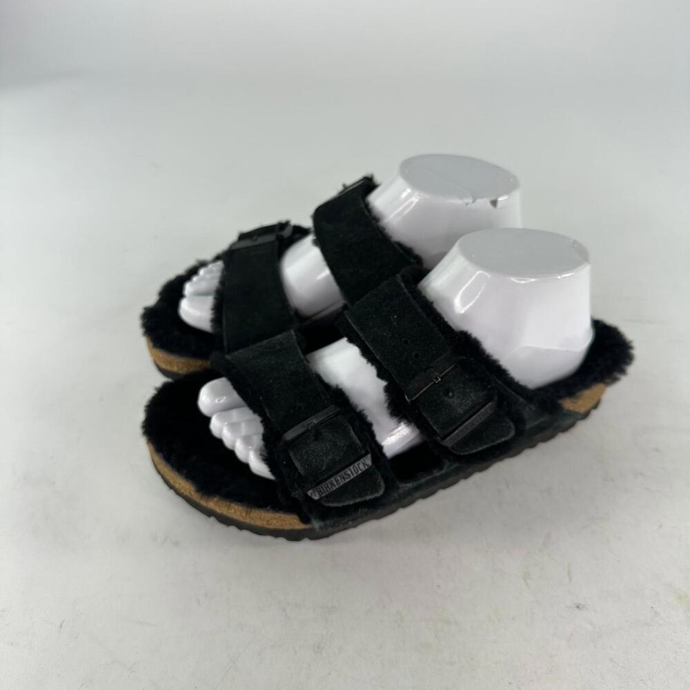 Birkenstock Arizona Shearling Sandals Sz 8 Black Suede Lined Buckle Shoes - Picture 11 of 12
